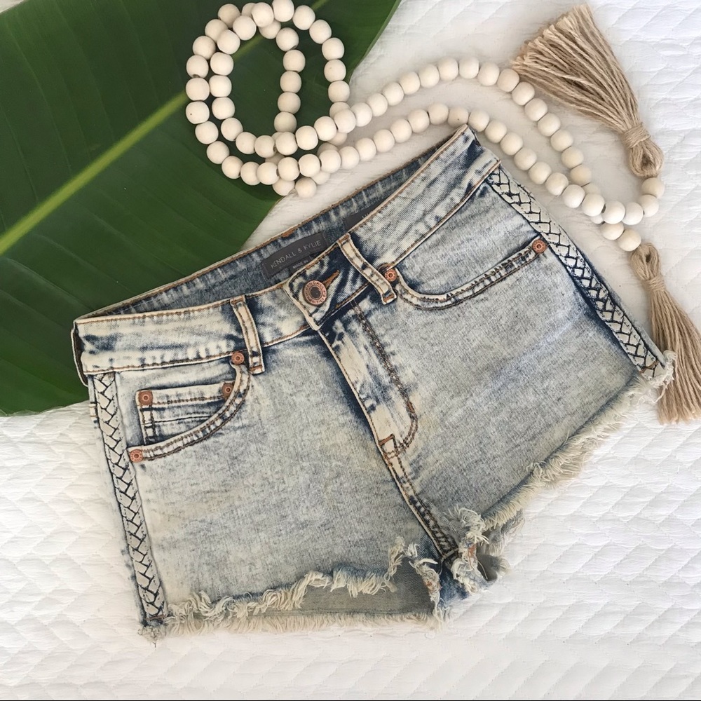 Kendall & Kylie Braided High Rise Acid Wash Stretch Denim Short Shorts
